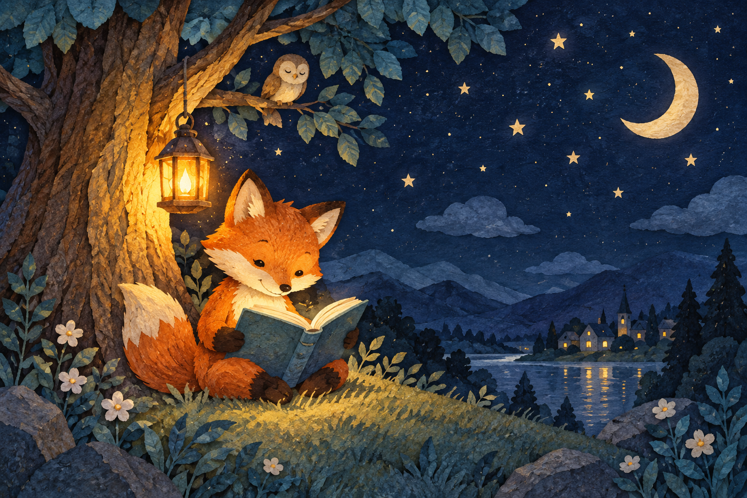 A little fox reading beneath a tree in a softly lit, starry forest
